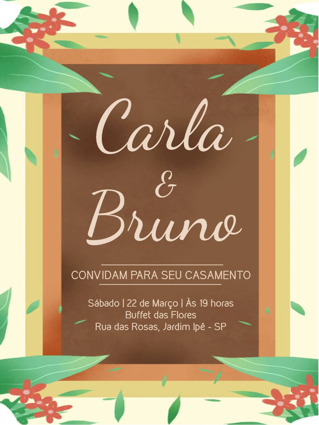 Convite de Casamento Folhagem e Flores para Editar Online