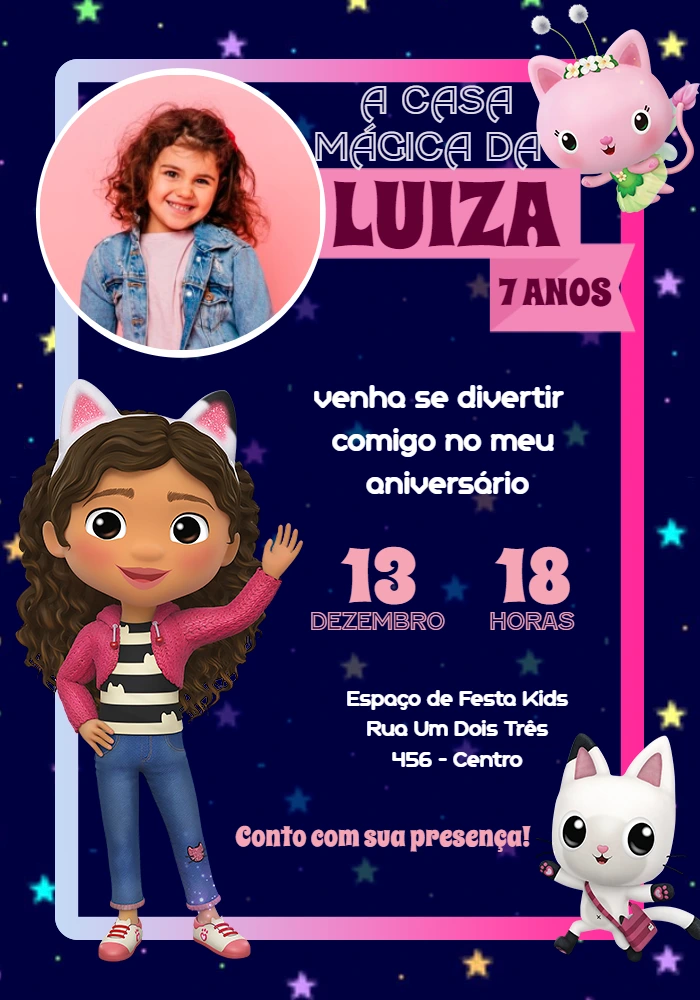 Convite Aniversário Casa Mágica da Gabby com Foto para Editar