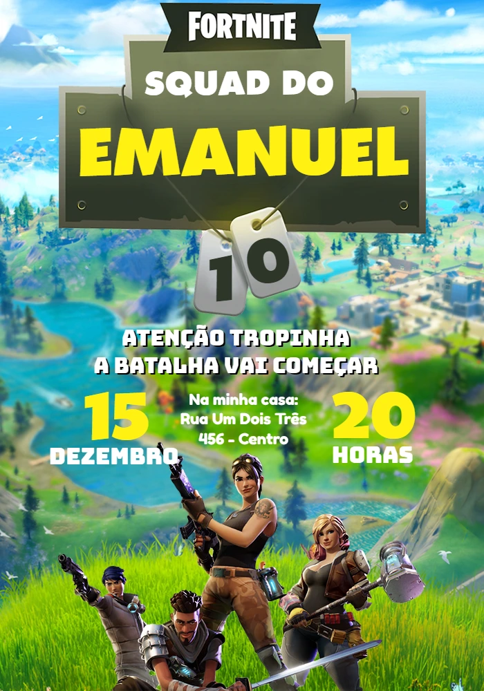 Convite Aniversário Fortnite com Personagens para Editar Online