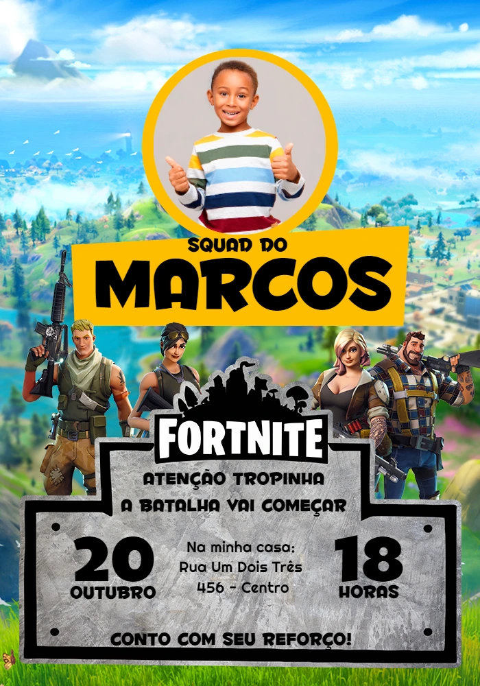 Convite de Aniversário Fortnite com Foto para Editar Online