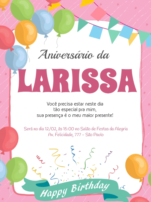 Convite de Aniversário Infantil Rosa com Balões para Editar