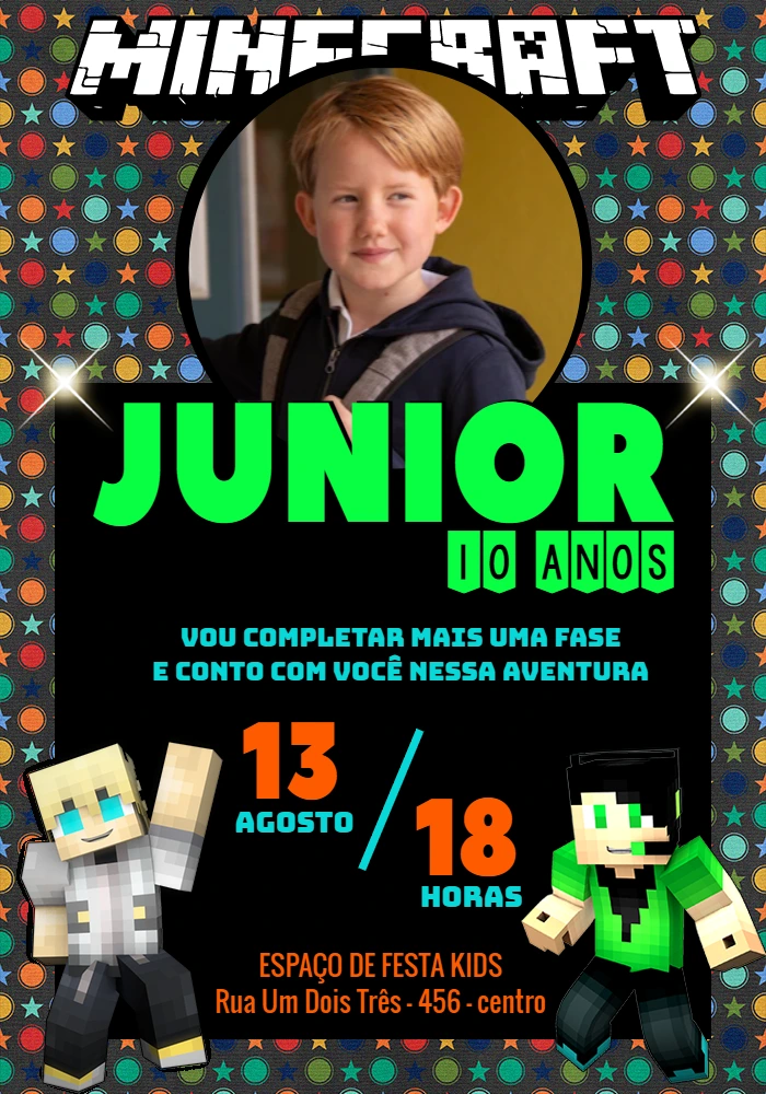 Convite Aniversário Minecraft com Foto para Editar Online