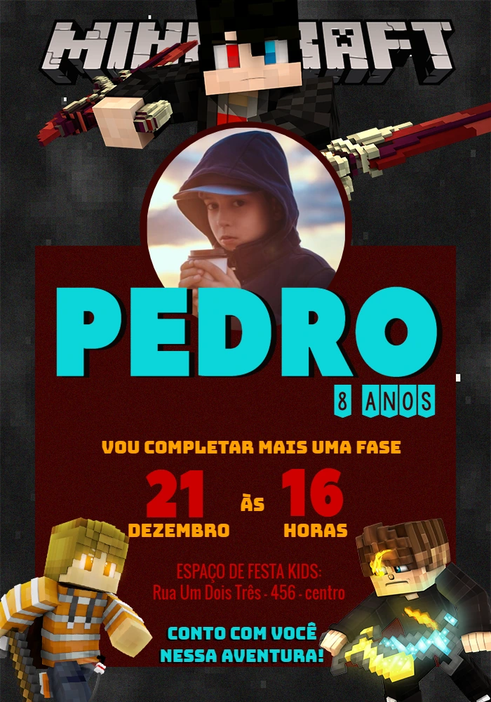 Convite Aniversário Minecraft com Foto para Editar Online