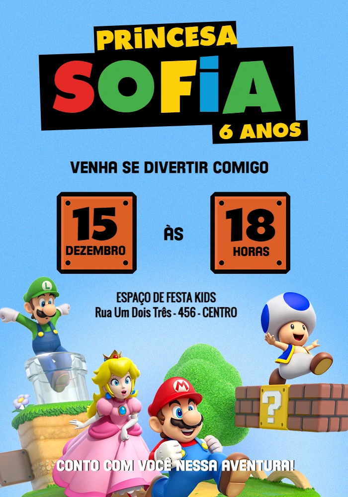 Convite de Aniversário Princesa Peach e Mario para Editar