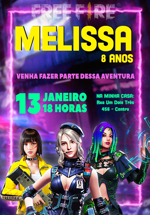 Convite Aniversário Free Fire com Personagens para Editar Online