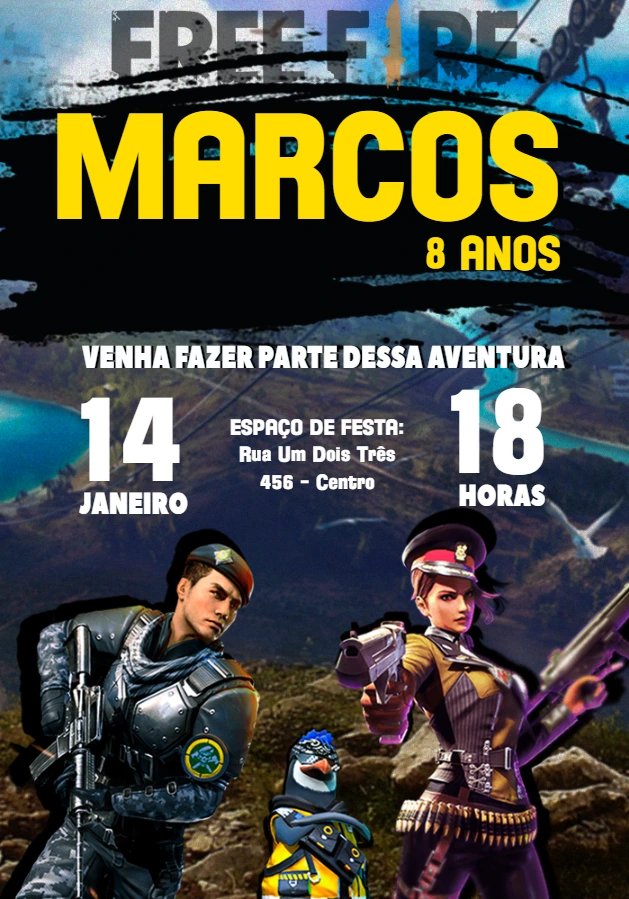 Convite Aniversário Free Fire com Personagens para Editar Online