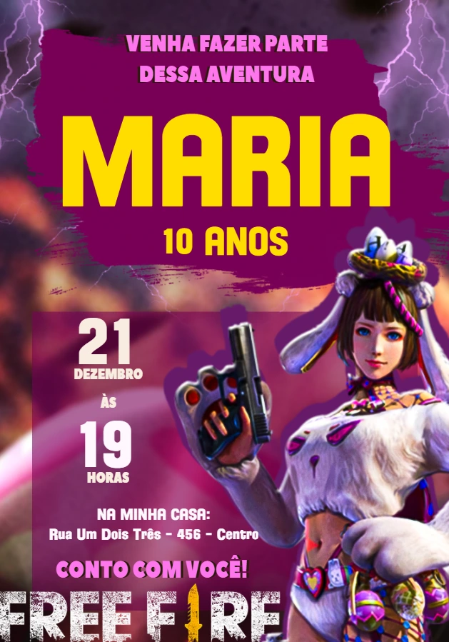 Convite de Aniversário Free Fire Feminino para Editar Online
