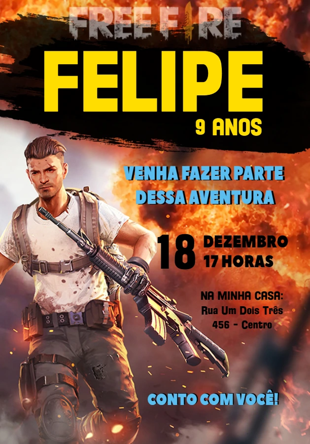 Convite Aniversário Free Fire com Personagens para Editar Online