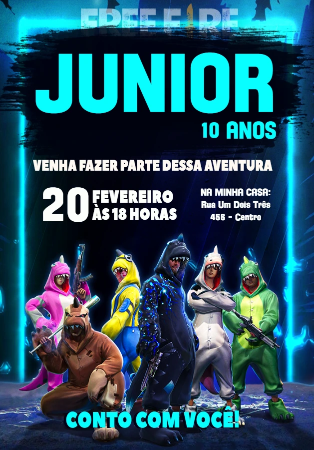 Convite de Aniversário Free Fire com Skins para Editar Online