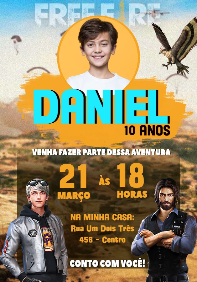 Convite Aniversário Free Fire com Foto para Editar Online