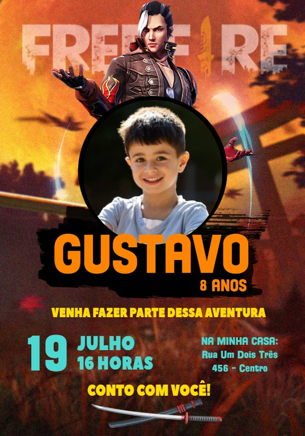 Convite Aniversário Free Fire com Foto para Editar Online