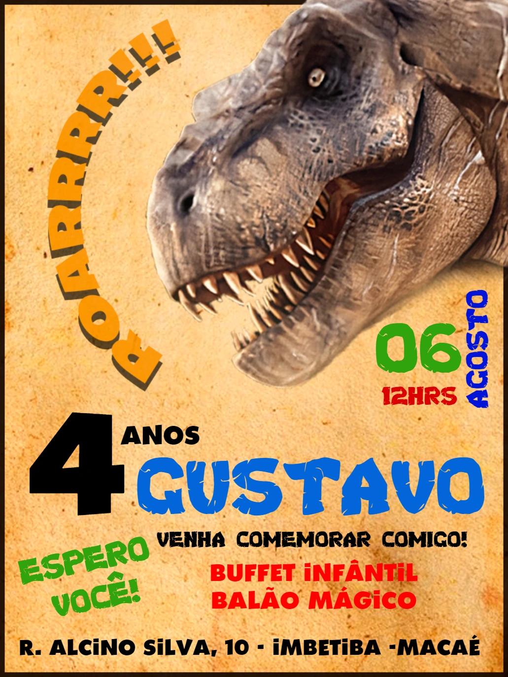 Convite Aniversário Dinossauro T-Rex para Editar Online