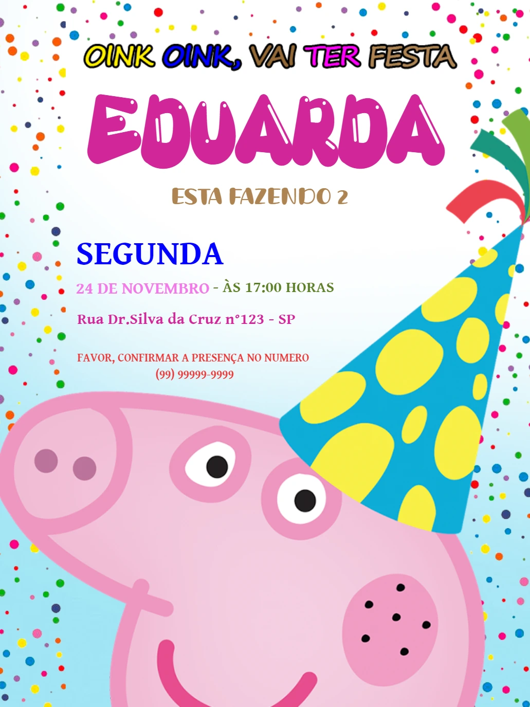 Convite de Aniversário Peppa Pig para Editar Online