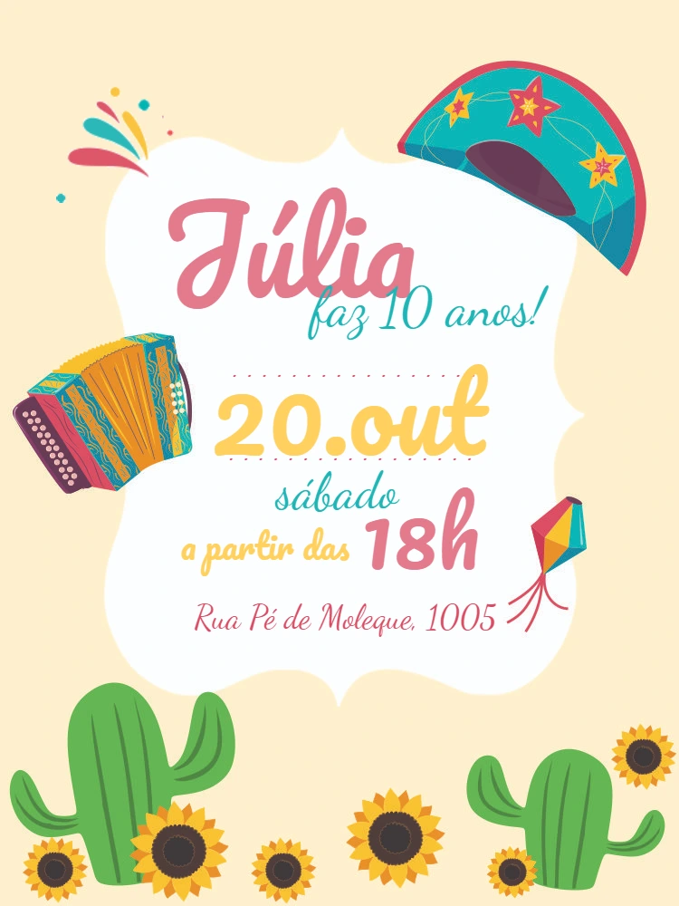 Convite de Aniversário Nordestino com Cactos para Editar