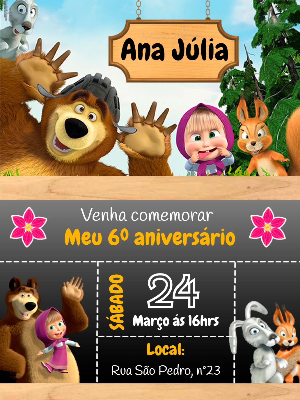 Convite Aniversário Masha e o Urso para Editar Online