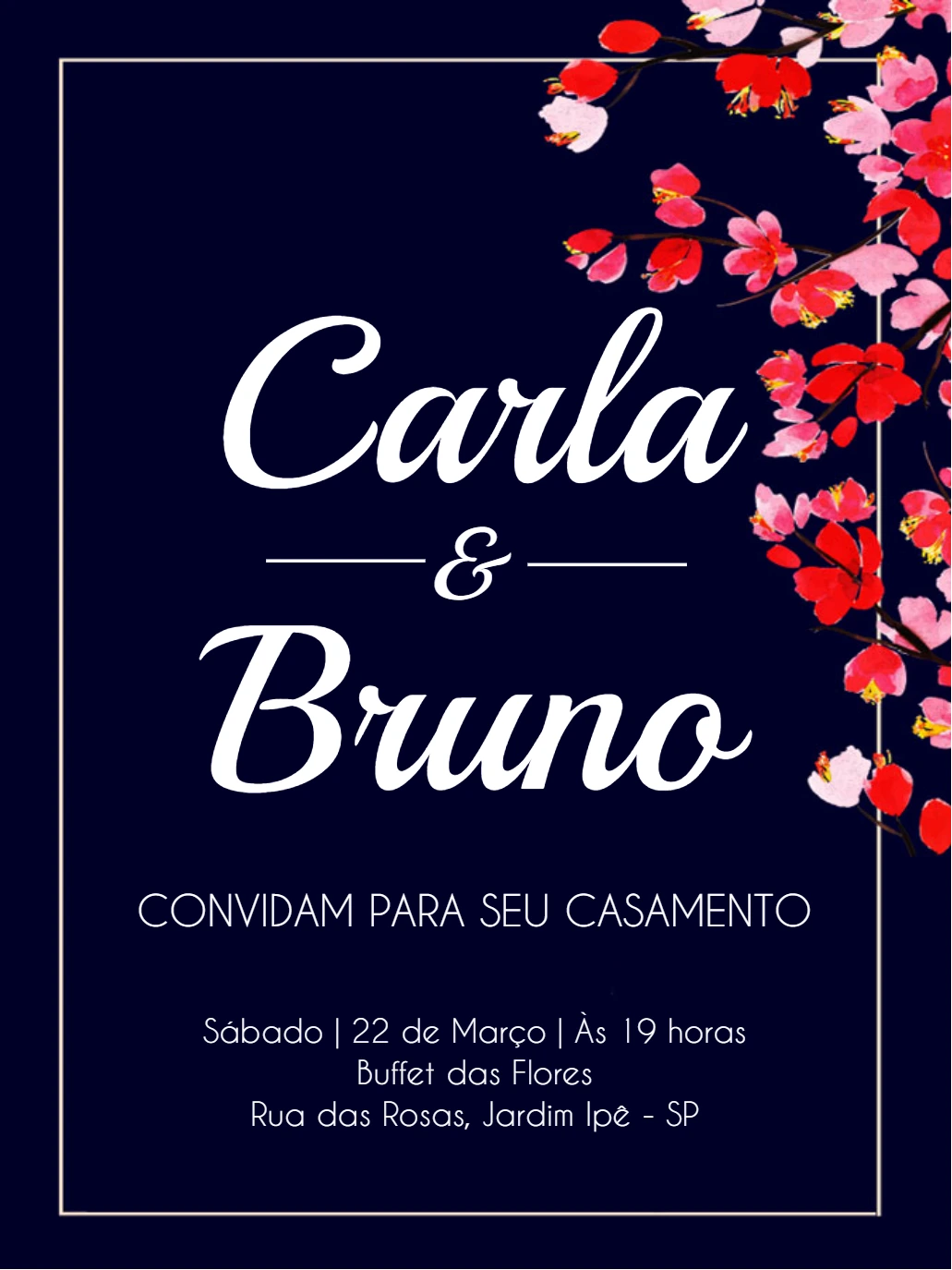 Convite de Casamento Floral Azul Marinho para Editar Online