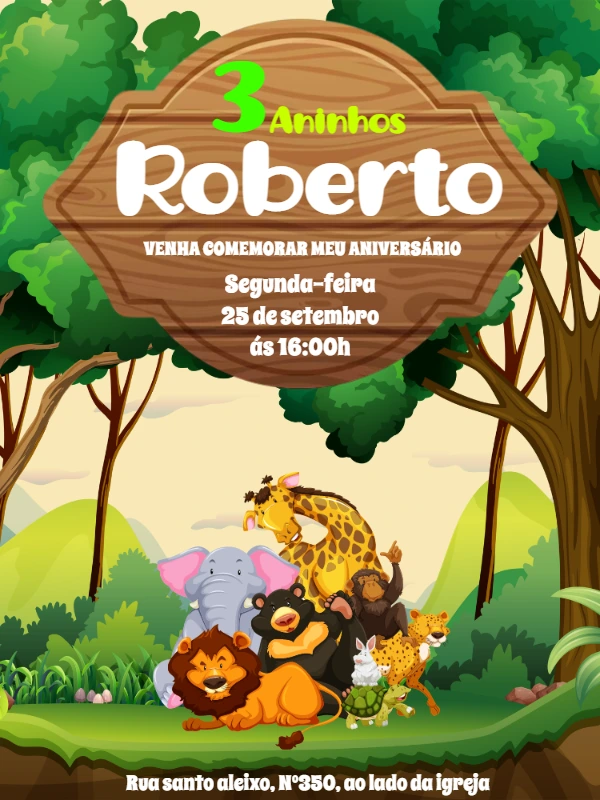 Convite Aniversário Animais da Selva para Editar Online