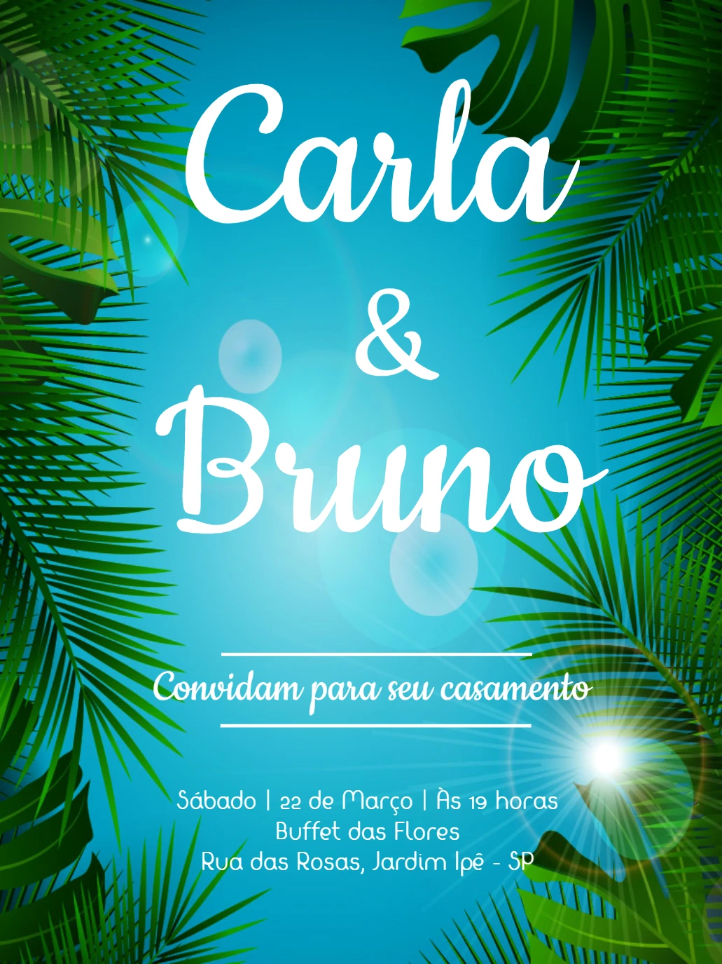 Convite de Casamento Tropical com Folhas Verdes para Editar