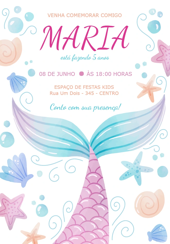 Convite de Aniversário Sereia Aquarela para Editar Online