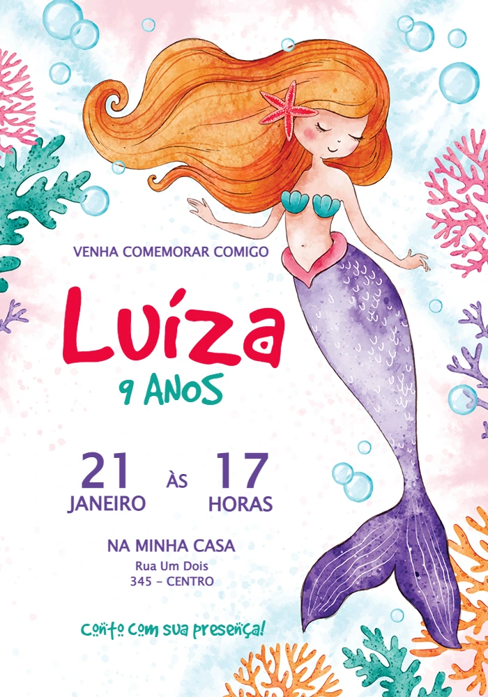 Convite de Aniversário Sereia para Editar Online