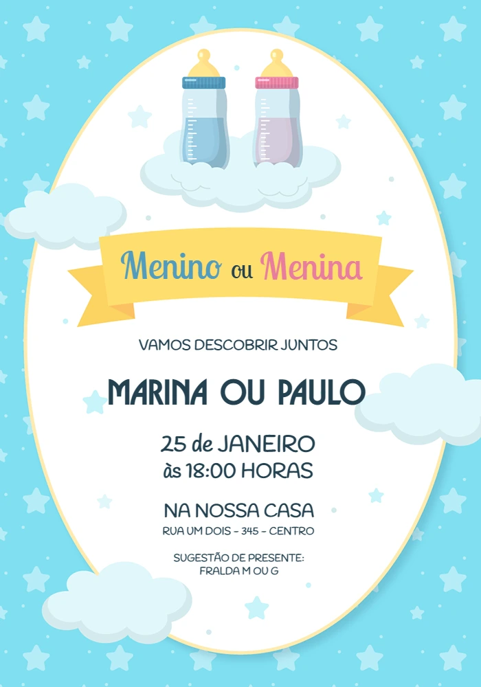 Convite Chá Revelação com Mamadeiras para Editar Online
