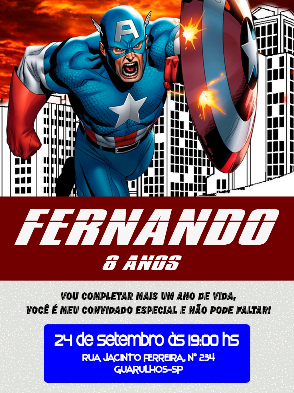 Convite de Aniversário Capitão América para Editar Online