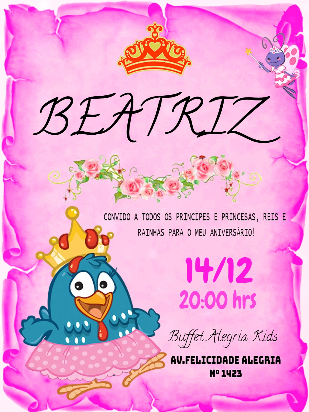 Convite Aniversário Galinha Pintadinha Princesa para Editar Online