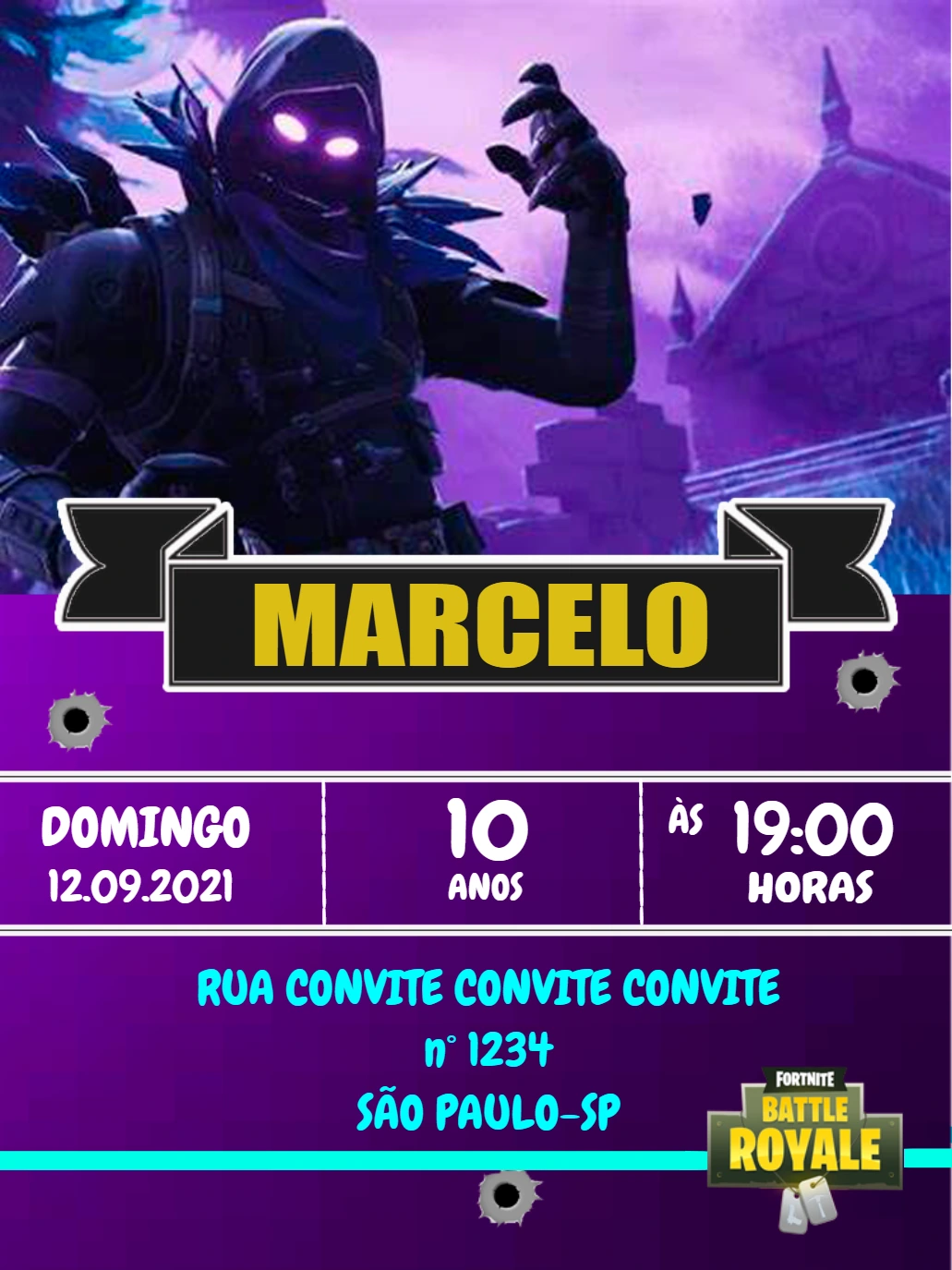 Convite Aniversário Fortnite com Personagem para Editar Online