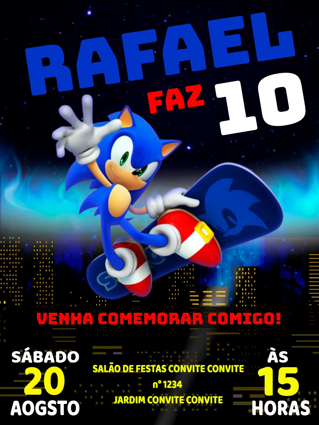 Convite de Aniversário Sonic para Editar Online e Imprimir