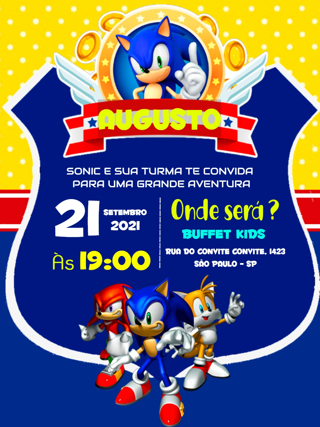 Convite de Aniversário Sonic e sua Turma para Editar Online