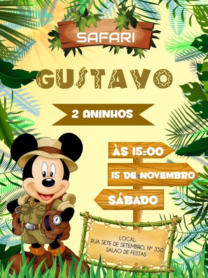 Convite Aniversário Safari do Mickey para Editar Online