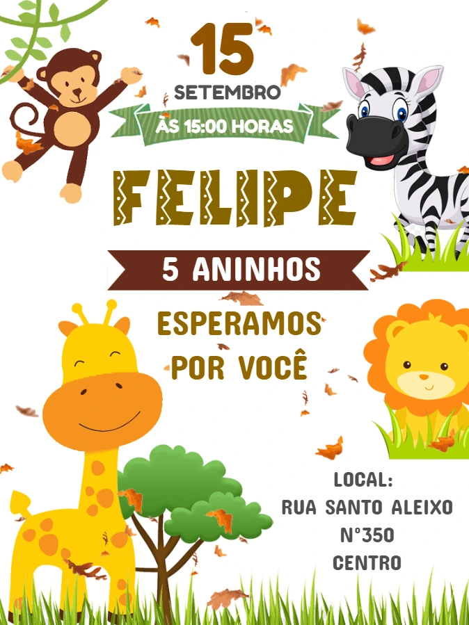 Convite Aniversário Safari com Animais Fofos para Editar