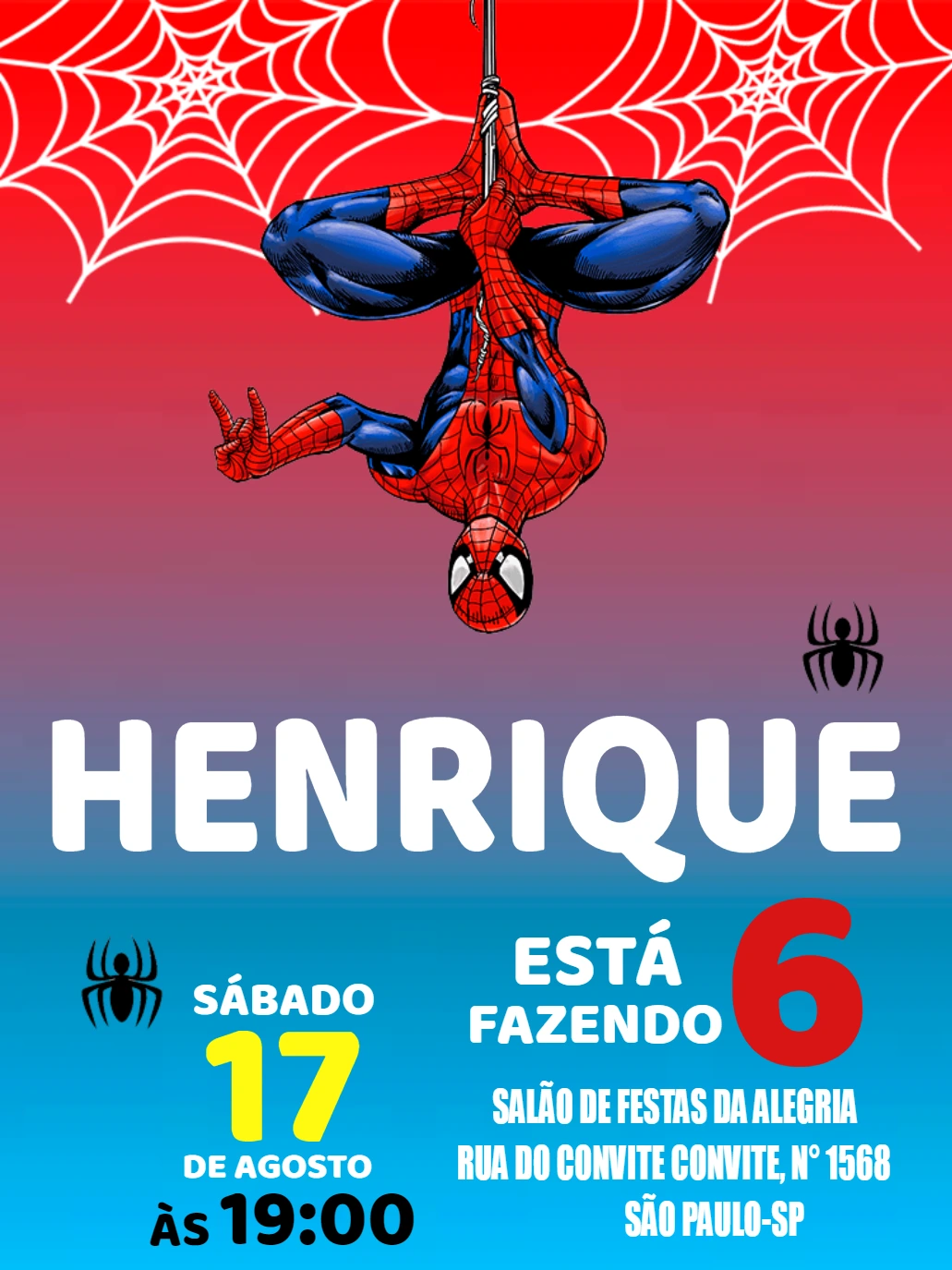 Convite de Aniversário Homem Aranha para Editar Online