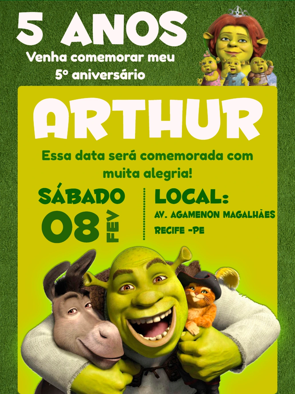 Convite de Aniversário Shrek com Personagens para Editar Online