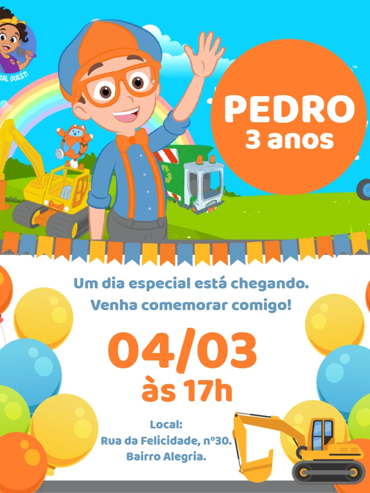 Convite de Aniversário Blippi Editável Online para Imprimir