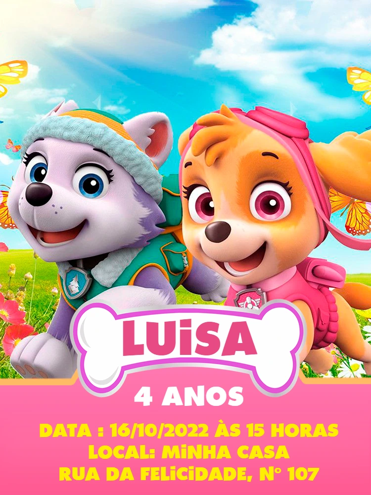 Convite Aniversário Patrulha Canina com Skye e Everest para Editar