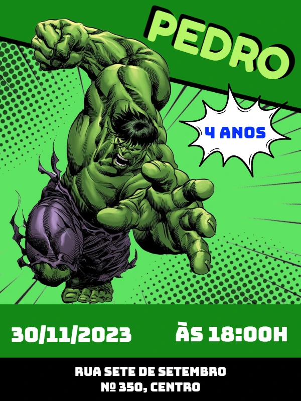 Convite de Aniversário Hulk com Personagem para Editar Online