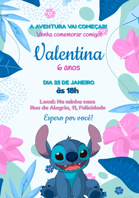 Convite Aniversário Stitch com Tema Tropical para Editar Online
