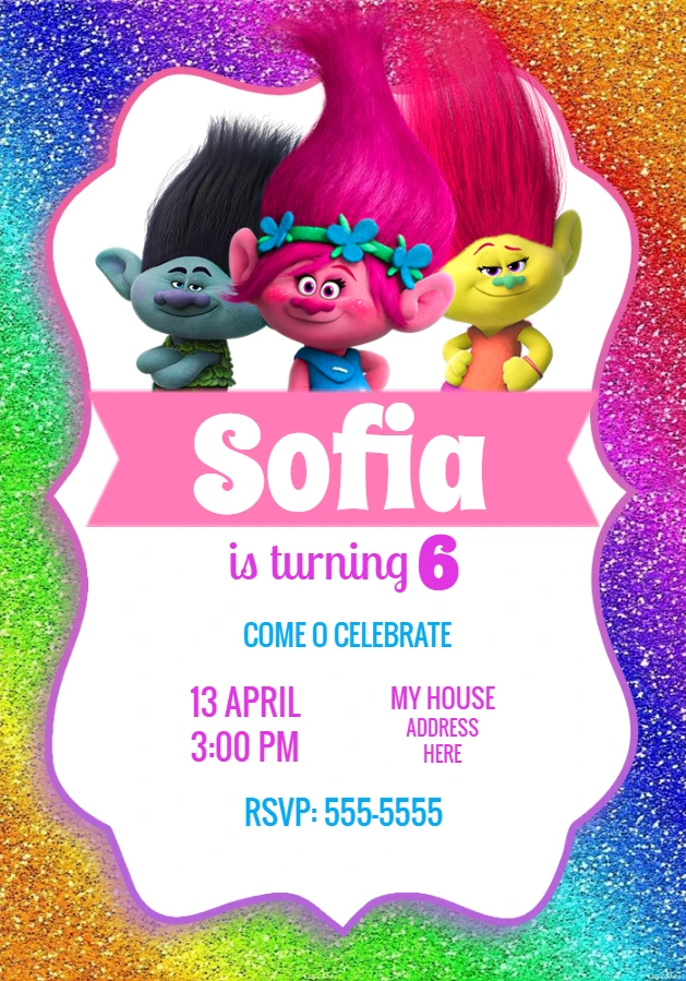 Trolls Birthday Invitation Template to Edit Online