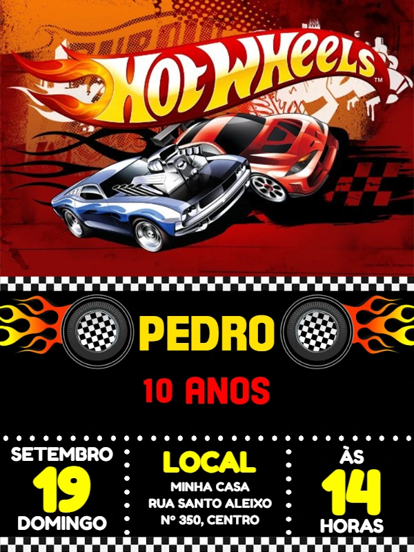Convite de Aniversário Hot Wheels com Carros para Editar