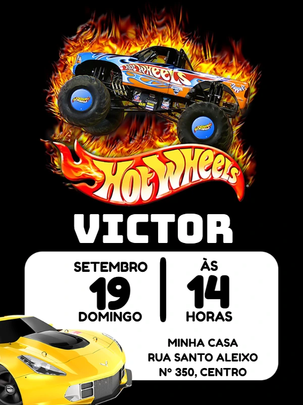 Convite de Aniversário Hot Wheels com Carros para Editar Online