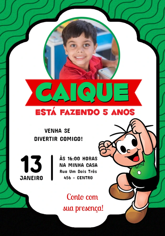 Convite Aniversário Cebolinha com Foto para Editar Online