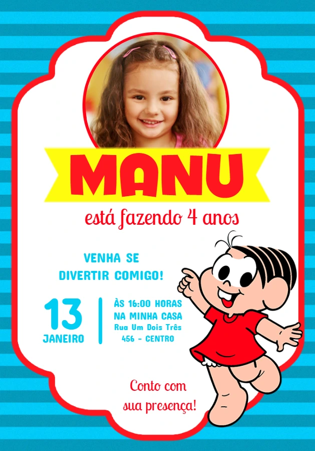 Convite Aniversário Turma da Mônica com Foto para Editar
