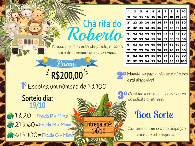 Convite Chá Rifa Safari com Animais Fofos para Editar Online