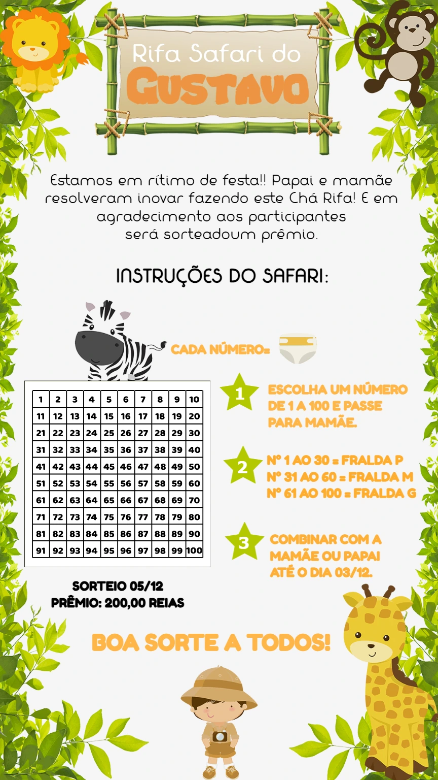 Convite Chá Rifa Safari com Animais para Editar Online