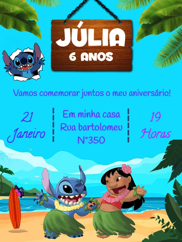 Convite de Aniversário Stitch e Lilo para Editar Online