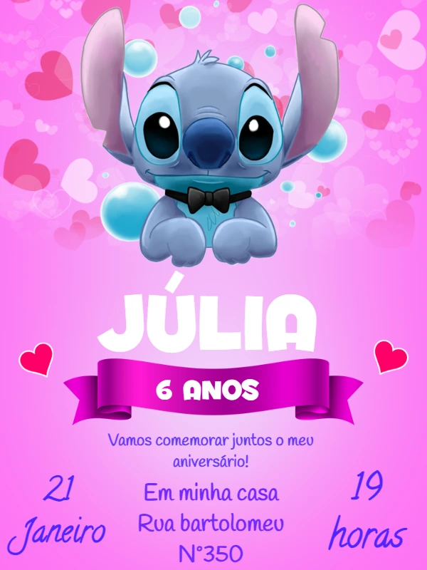 Convite de Aniversário Stitch Fofo para Editar Online