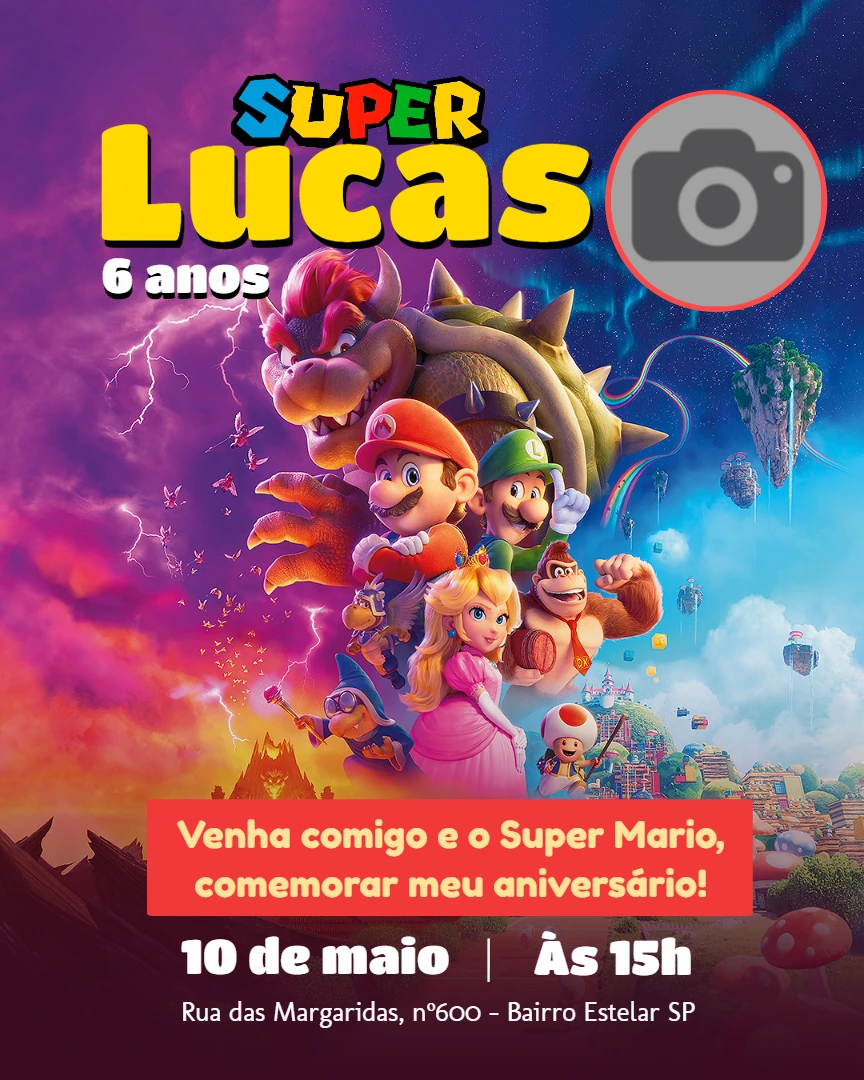 Convite Aniversário Super Mario com Foto para Editar Online
