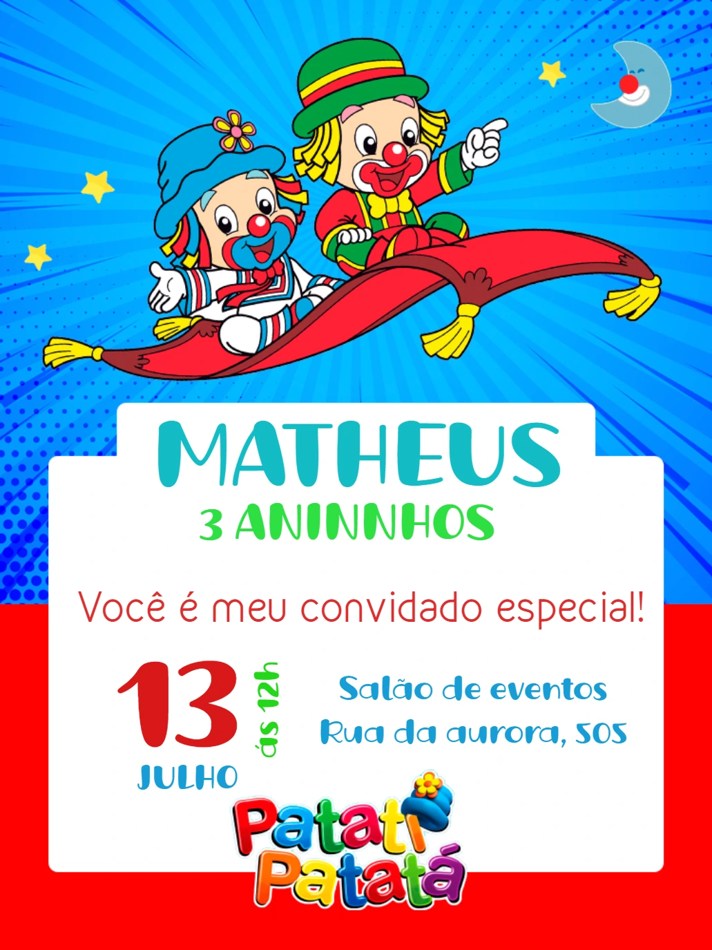 Convite de Aniversário Patati Patatá para Editar Online