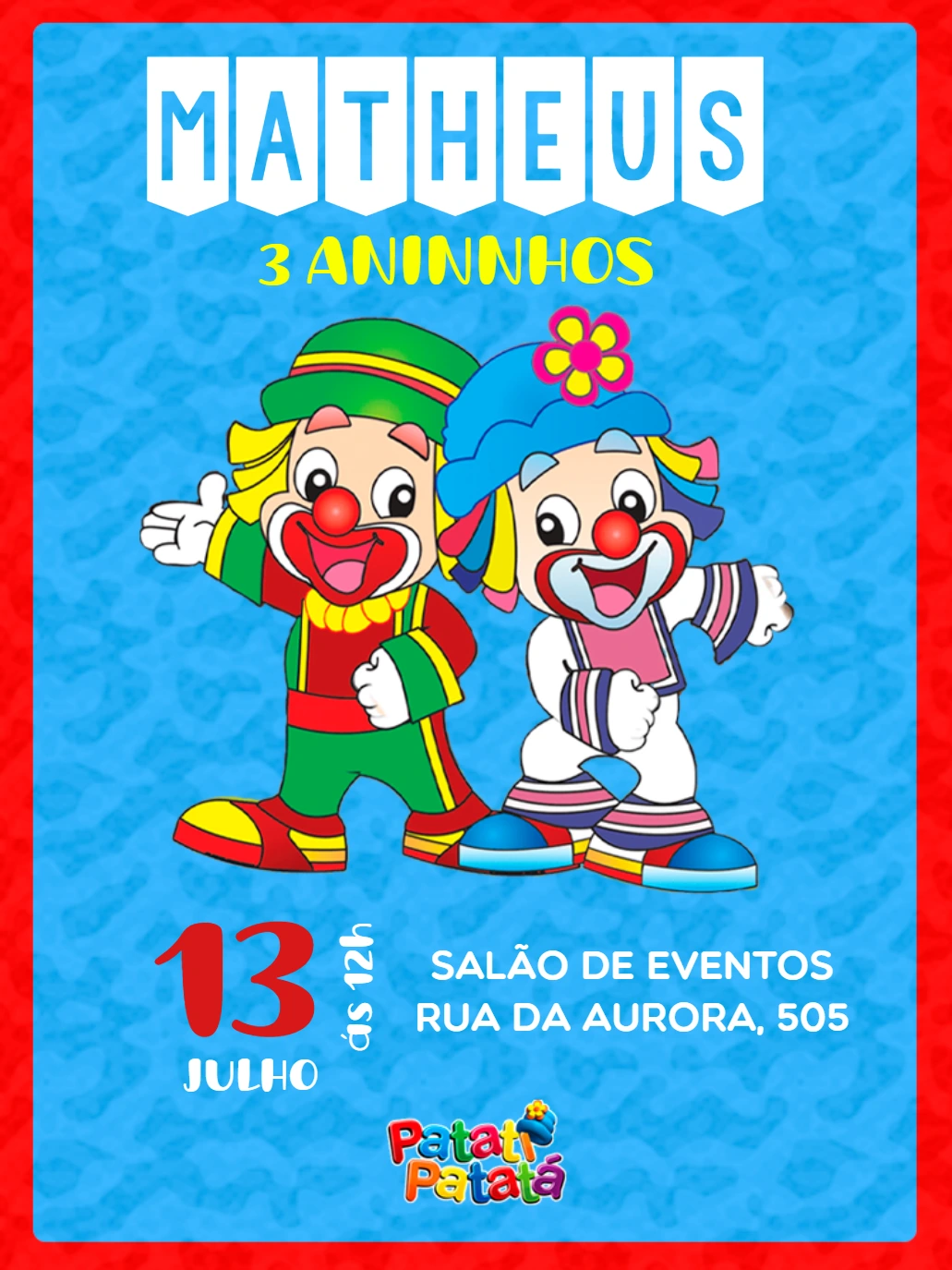 Convite de Aniversário Patati Patatá para Editar Online